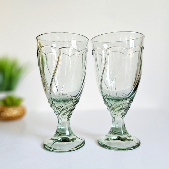 Vintage Set of 2 Noritake Sweet Swirl Clear Green Water Goblets Iced Tea Glasses - Picture 8 of 9